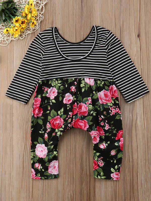 Long-sleeved Jumpsuit Striped Flower Print Overalls - dianjiang-