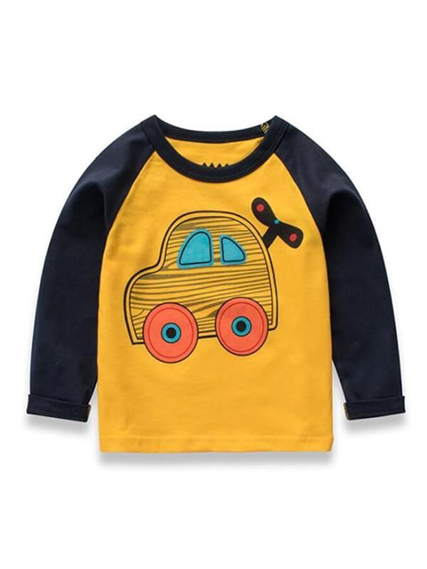 Cartoon Vehicle Printed Long-sleeve Tee Pullover Top Cotton Boys T-shirt - dianjiang-