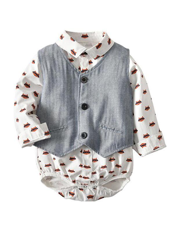 Fox Print Romper Vest Pants Set Baby Boys Long-sleeve Top Trousers - dianjiang-