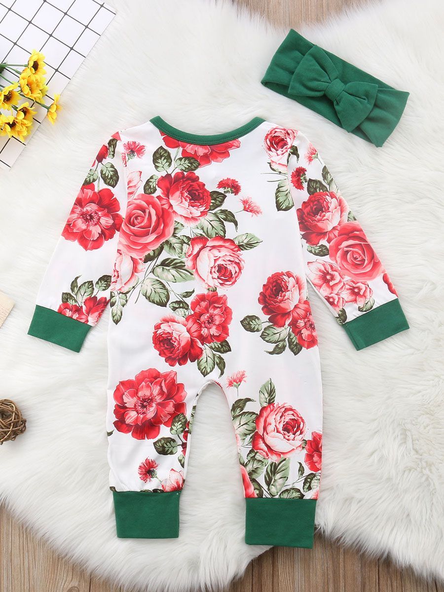 Long-sleeved Buttoned Flower Sleepsuit Overalls with Green Headband - dianjiang-