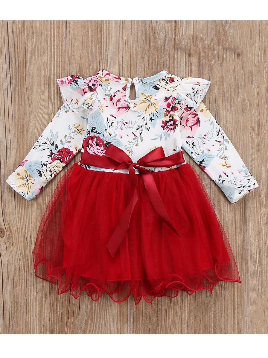 Spring Tulle Patchwork Flutter Long-sleeved Princess Party Dress for Infant Little Girls - dianjiang-
