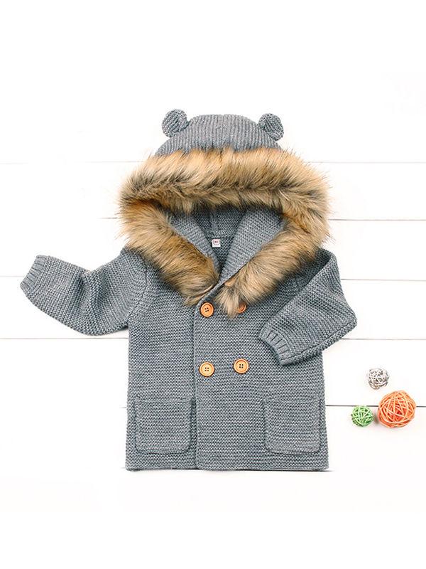 Animal Ears Warm Collar Hoodie Long Sleeve Coats Buttoned Knitted Wear Baby Cardigan - dianjiang-