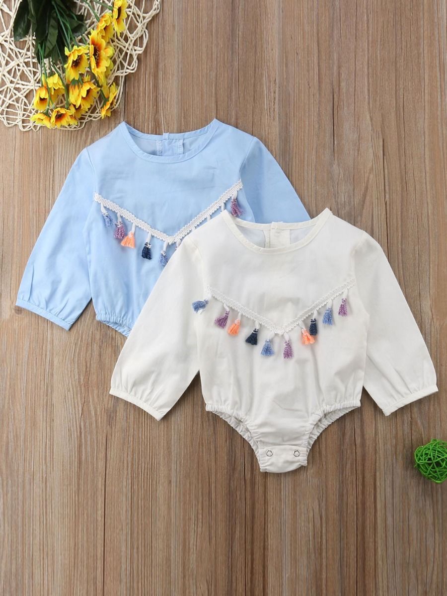 Spring Tassel Trimmed Romper Long Sleeve Spanish Style Baby Clothes Blue/White - dianjiang-