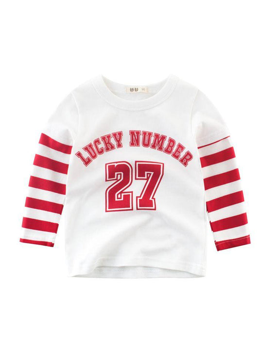 Lucky Number 27 Print Cotton Striped T-Shirt Top Long Sleeve Sweatshirt - dianjiang-