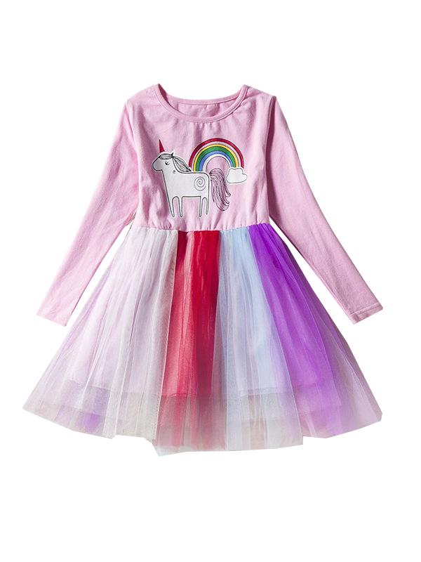 Fashion Unicorn Pattern Long Sleeve Tulle Princess Dress Halloween Party Dress - dianjiang-