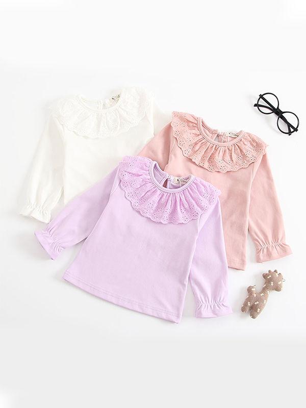Long Sleeves Shirt Solid Color Doll Collar Baby Girls Undershirt - dianjiang-