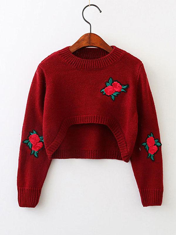 Red Roses Sweater Ripped-Style Jeans Set Long sleeve Top + Cool Trousers - dianjiang-