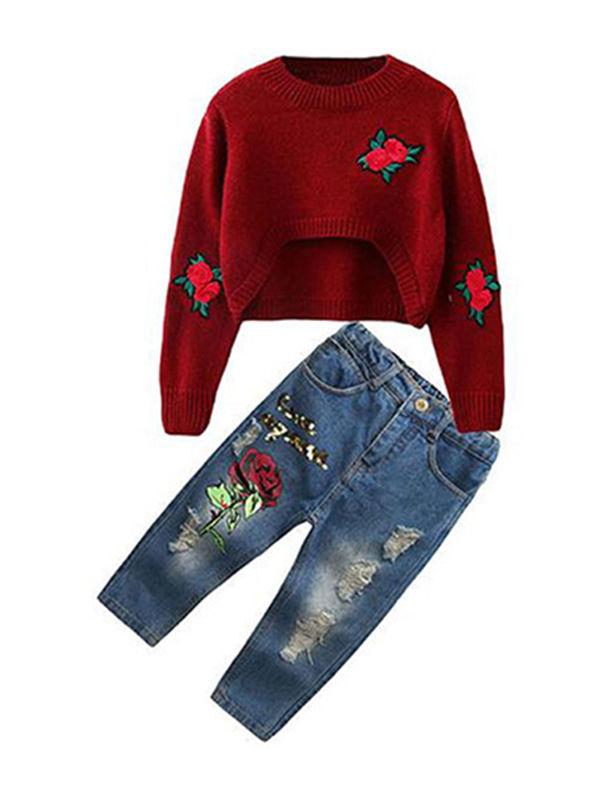 Red Roses Sweater Ripped-Style Jeans Set Long sleeve Top + Cool Trousers - dianjiang-