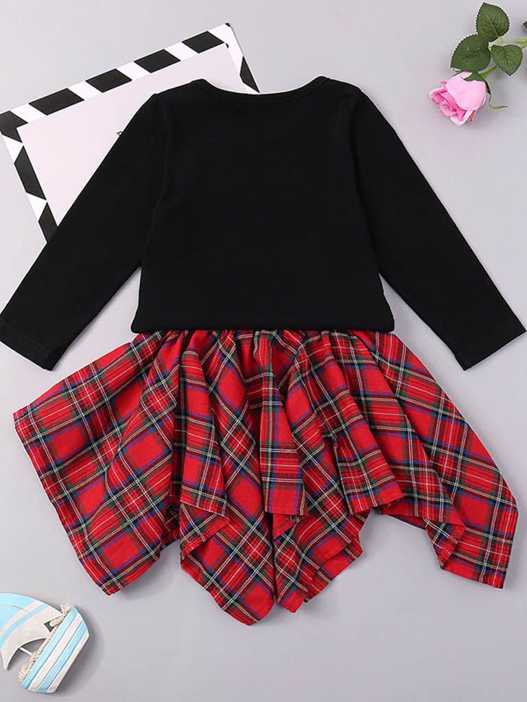 2-PIECE Dress Set Love Heart T-shirt Top +Bow Checked Asymmetrical Hemline Skirt - dianjiang-