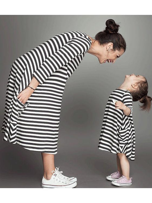 MOMMY AND ME Striped Long-sleeve Pockets Dress - dianjiang-