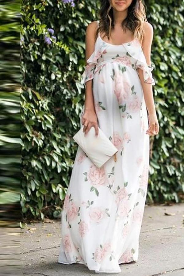Maternity Vacation round neck flower print ruffled dress - dianjiang-