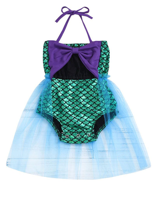 Metallic Mermaid Style Halter Neck Bow Mesh Baby Dress - dianjiang-