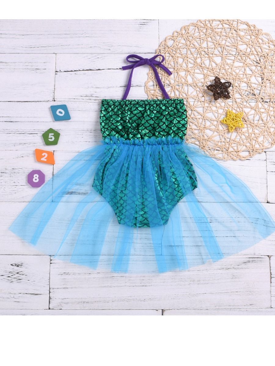 Metallic Mermaid Style Halter Neck Bow Mesh Baby Dress - dianjiang-