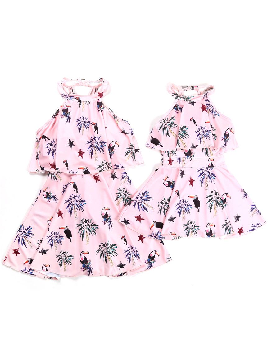 Mommy And Me Family Fitted Bird Leaf Print Swimwear - dianjiang-