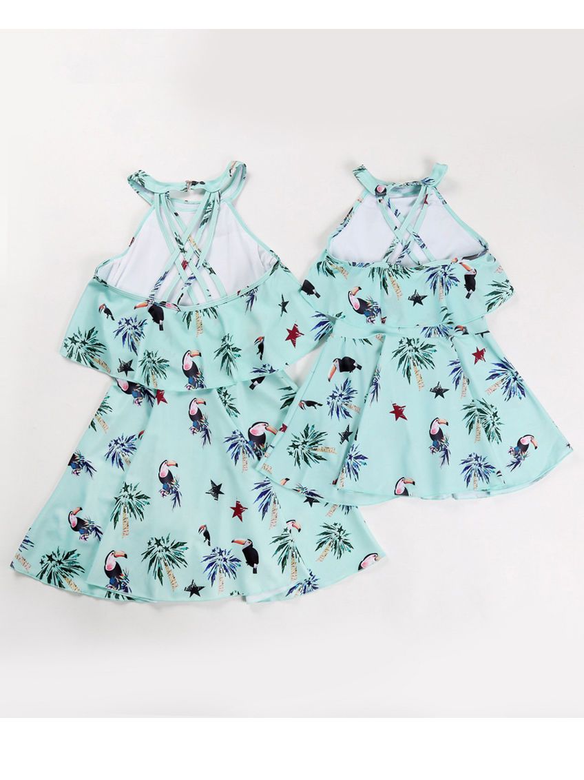 Mommy And Me Family Fitted Bird Leaf Print Swimwear - dianjiang-