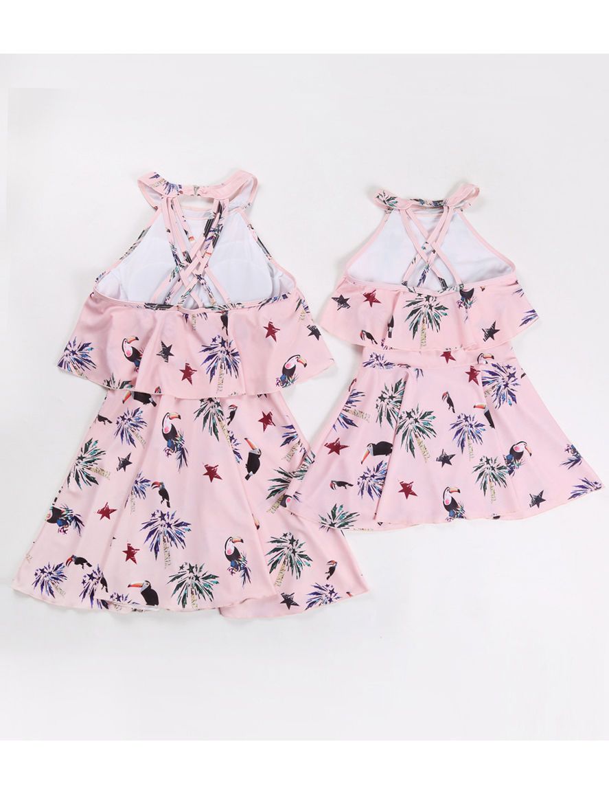 Mommy And Me Family Fitted Bird Leaf Print Swimwear - dianjiang-