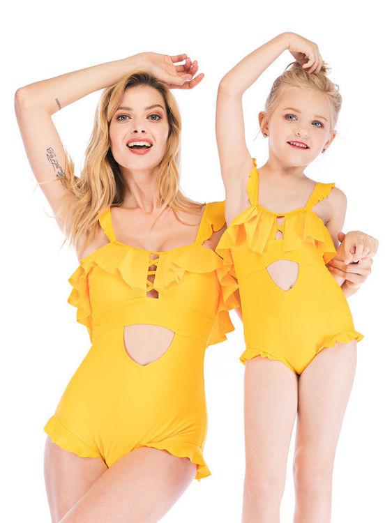 Mommy & Daughter Yellow Frilled One Piece Beach Wear - dianjiang-