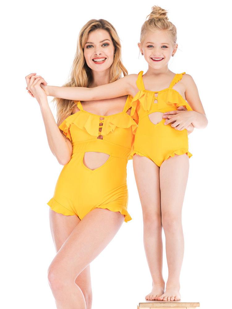 Mommy & Daughter Yellow Frilled One Piece Beach Wear - dianjiang-