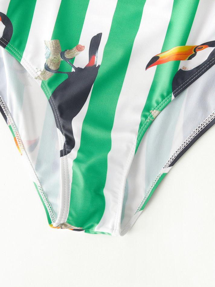Mom and Daughter Bird Stripe One Piece Swimwear - dianjiang-