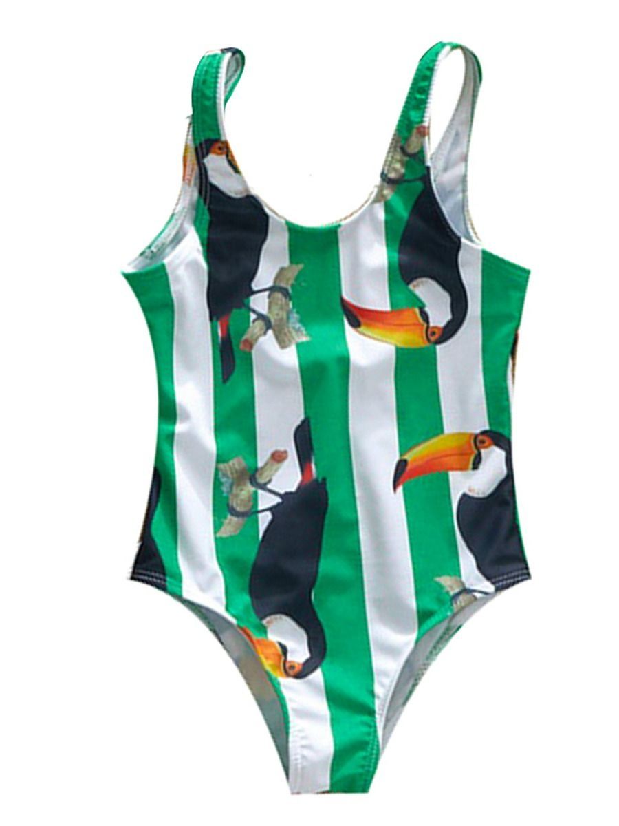 Mom and Daughter Bird Stripe One Piece Swimwear - dianjiang-