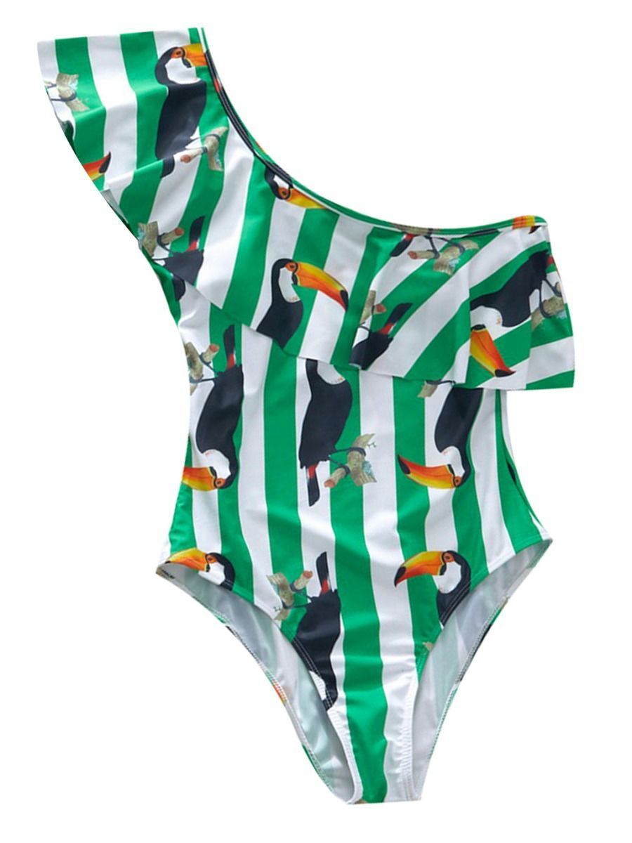 Mom and Daughter Bird Stripe One Piece Swimwear - dianjiang-