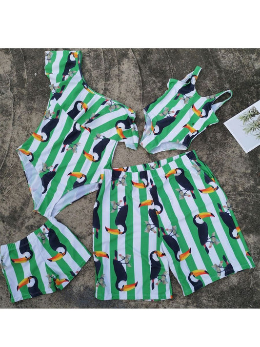 Mom and Daughter Bird Stripe One Piece Swimwear - dianjiang-