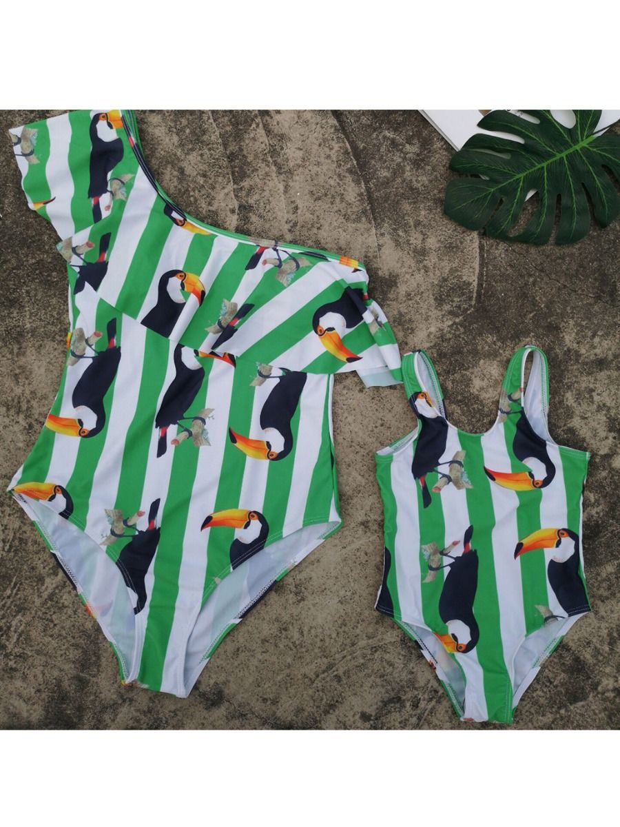 Mom and Daughter Bird Stripe One Piece Swimwear - dianjiang-