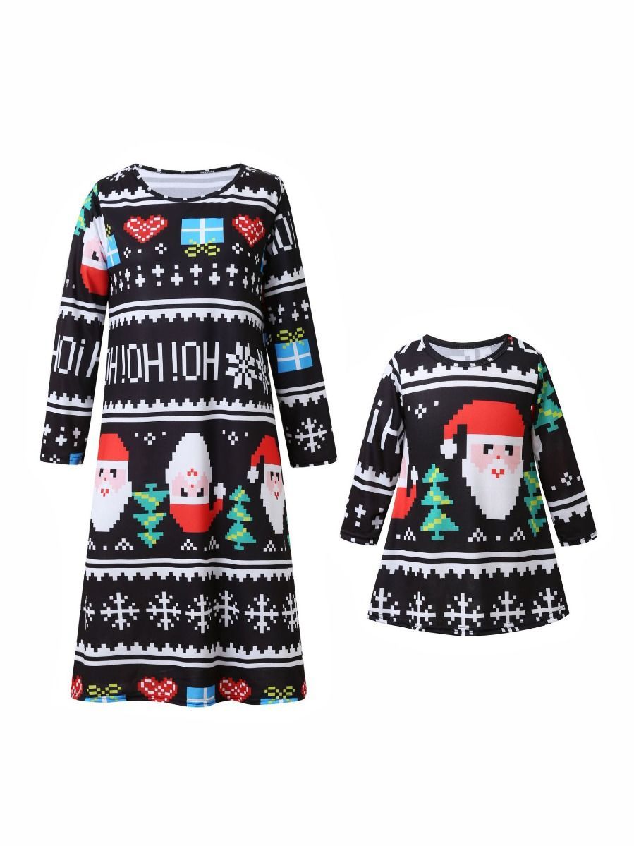 Mom and Me Santa Random Pattern Long-sleeved Dress - dianjiang-