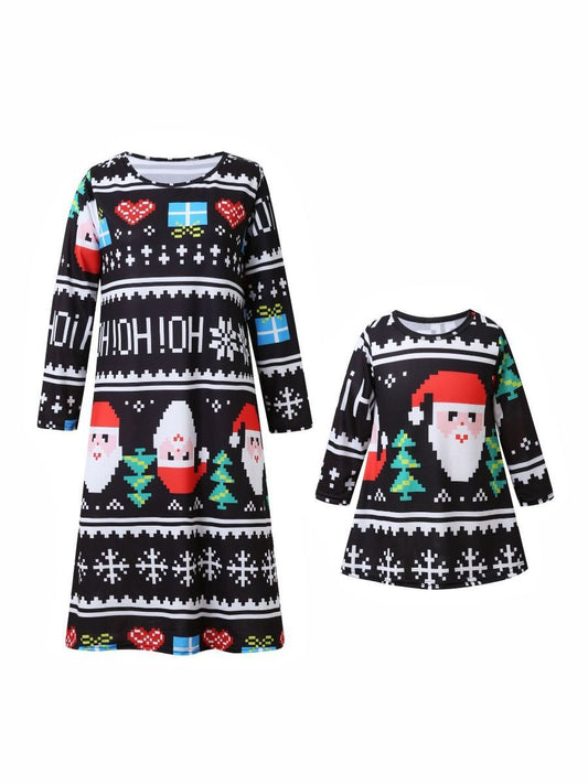 Mom and Me Santa Random Pattern Long-sleeved Dress - dianjiang-