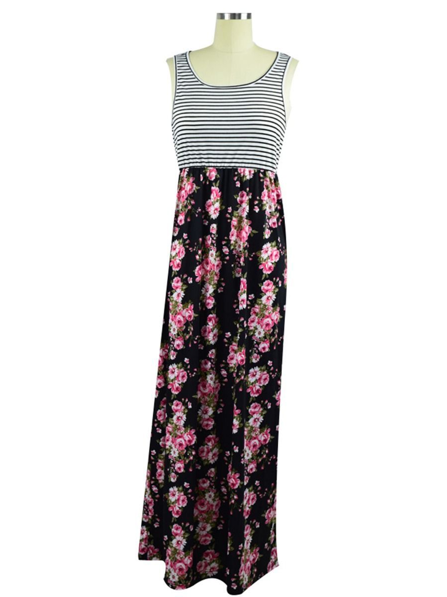 Mom and Me Stripe Cotton Blend Flower Patchwork Sleeveless Dress - dianjiang-