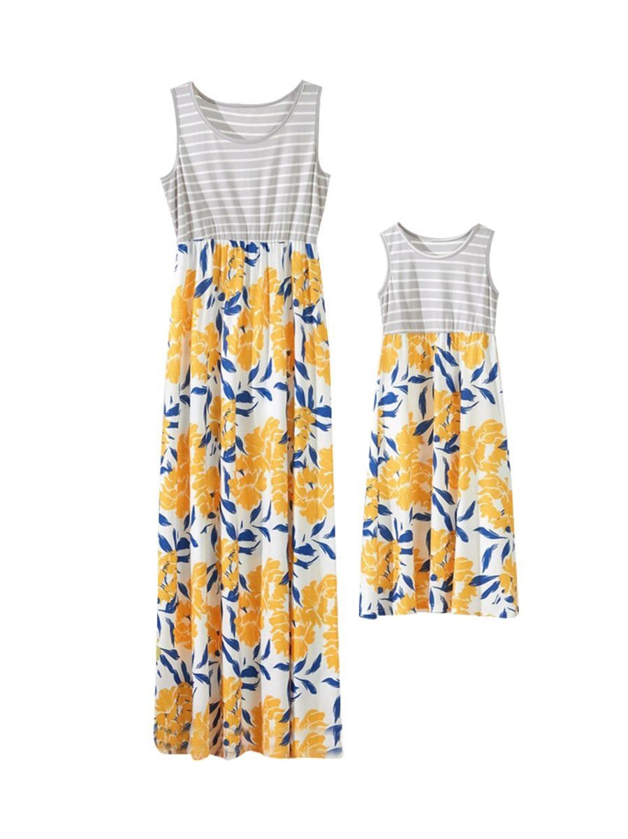Mom and Me Family Fitted Stripe Flower Patchwork Dress - dianjiang-
