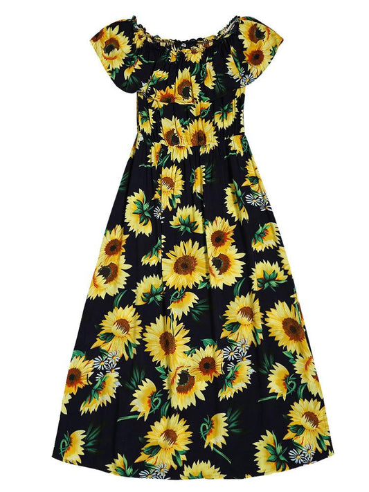 Mommy And Me Family Fitted Style Summer Sunflower Off Shoulder Dress - dianjiang-