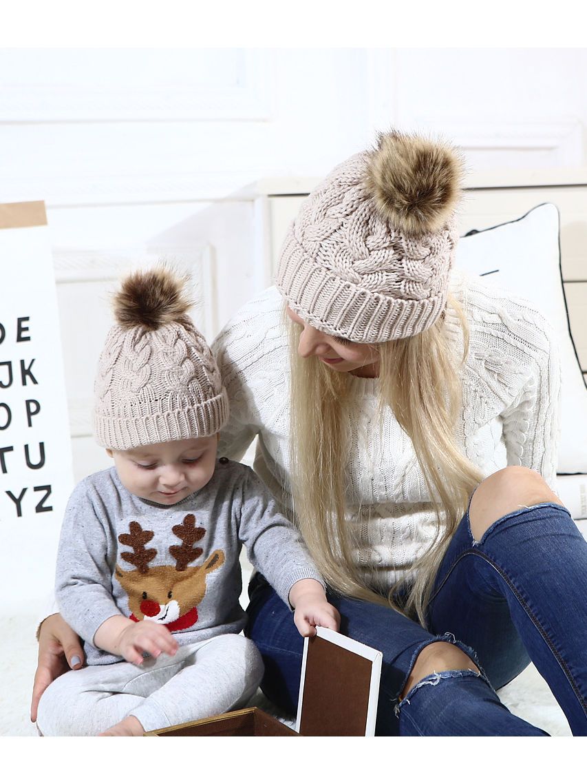 Mommy and Me 2-PACK Pompon Knitted Crochet Hat - dianjiang-