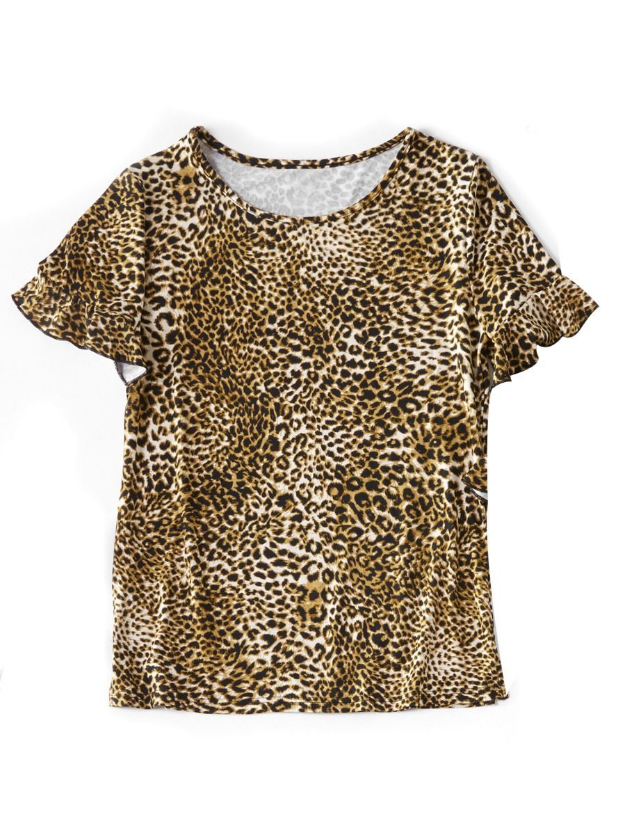 Mommy and Me Leopard Print Short Ruffle Sleeve T-shirt Blouse - dianjiang-