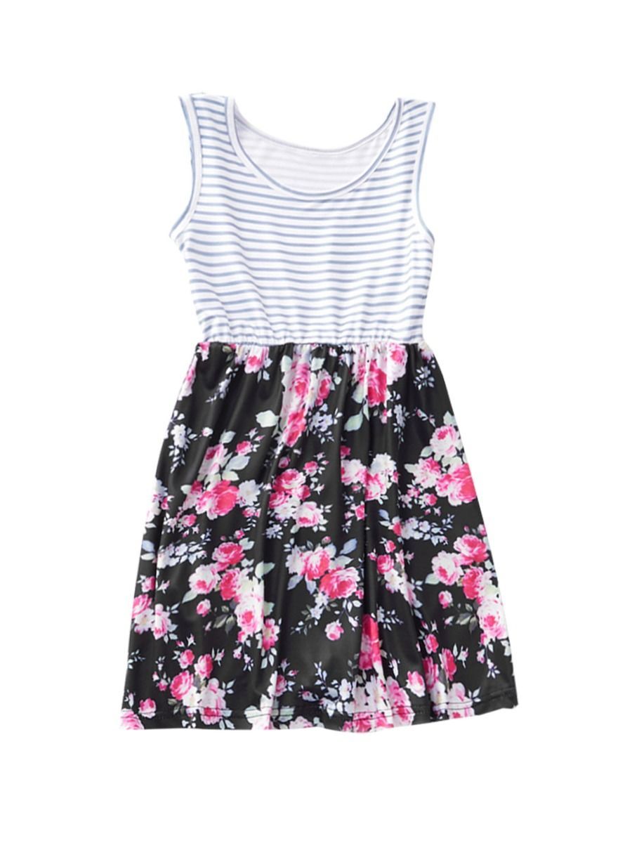 Mommy and Me Family Fitted Stripe Flower Patchwork Dress Summer - dianjiang-