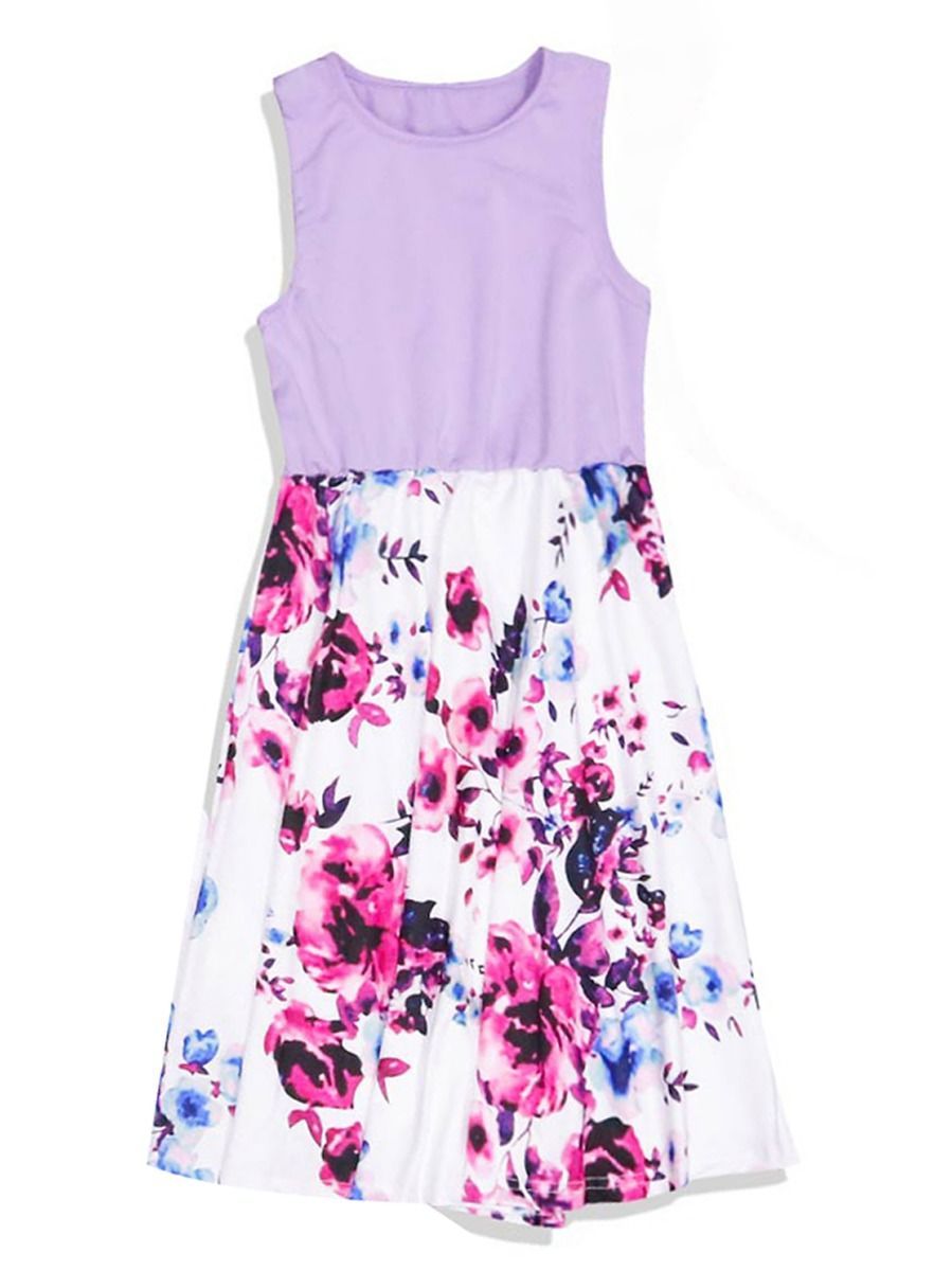Mommy and Me Family Fitted  Flower Patchwork Sleeveless Long Dress - dianjiang-