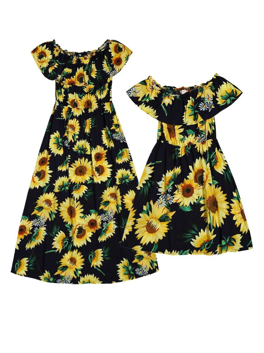 Mommy And Me Family Fitted Style Summer Sunflower Off Shoulder Dress - dianjiang-