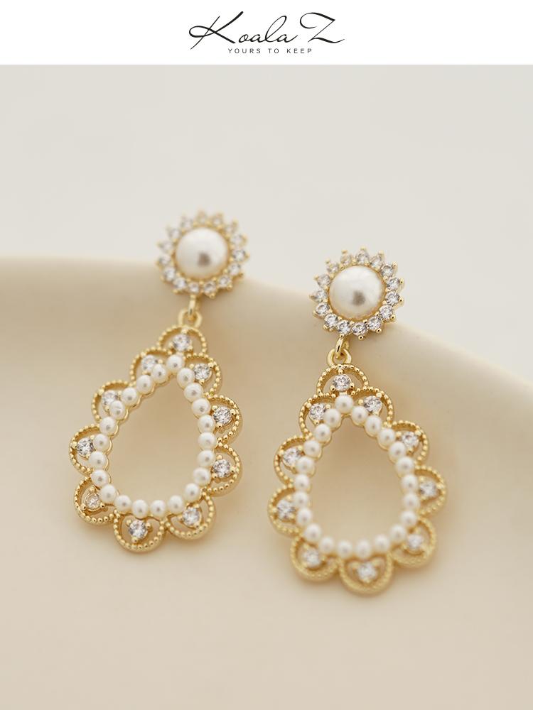 Court Fengshui drop pearl lace small rice bead earrings earrings painless earholes ear clip female daily - dianjiang-