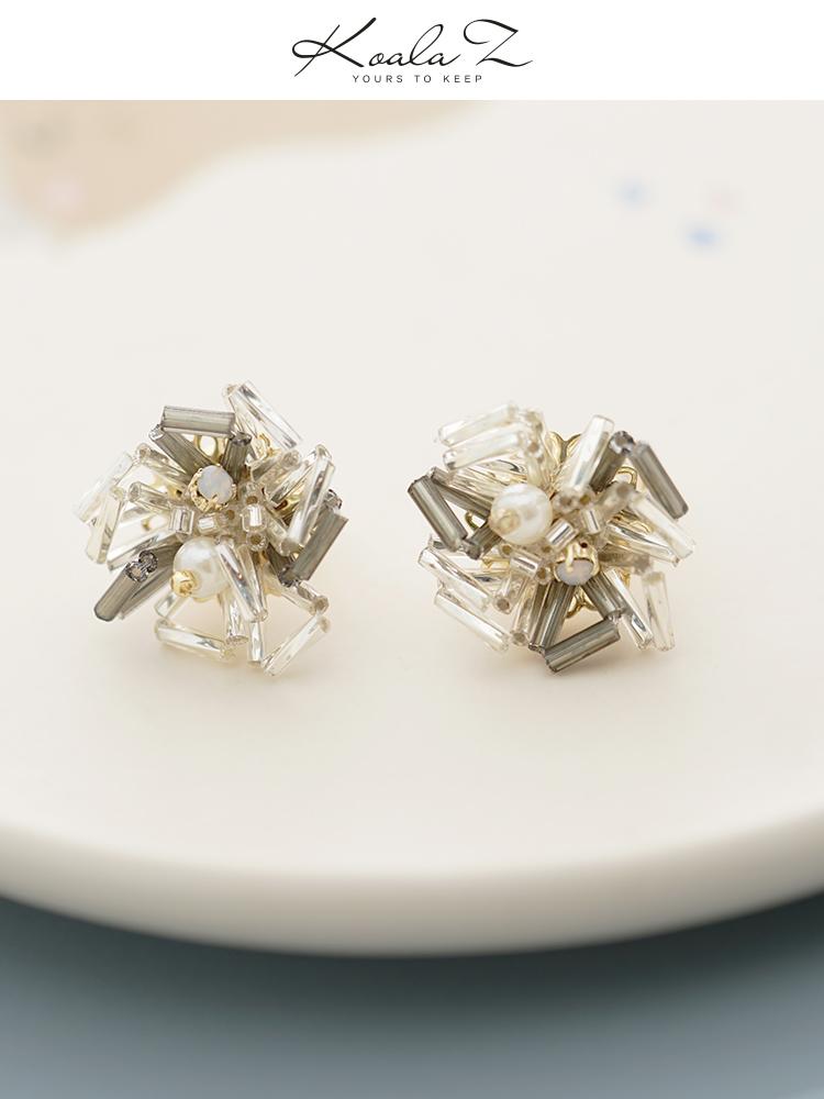 Pure hand-made two-color Gray Crystal Flower Heavy Industry Design Earrings without earholes and earclips for women without pain - dianjiang-