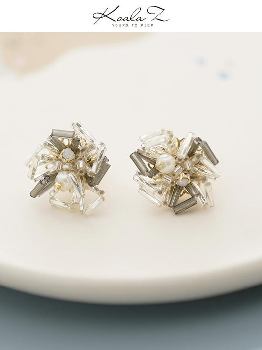 Pure hand-made double-color grey crystal flower heavy industry design earring earring without earhole earring female painless - dianjiang-