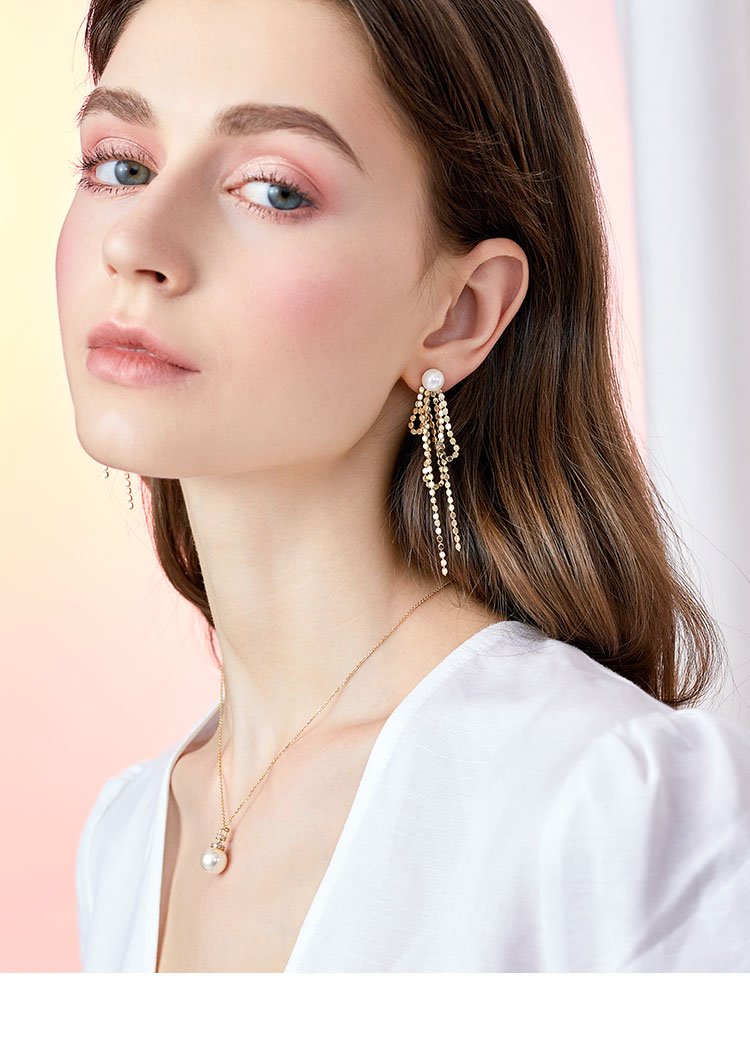 Design sense: round face, thin metal fringe, bow knot, pearl like long earring, ear clip, no ear hole, female Japan - dianjiang-