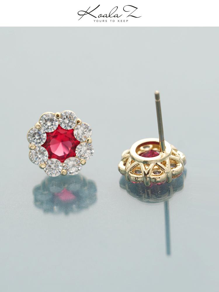 Basic simple round diamond flower zircon red diamond emerald earrings earring earring clip female - dianjiang-
