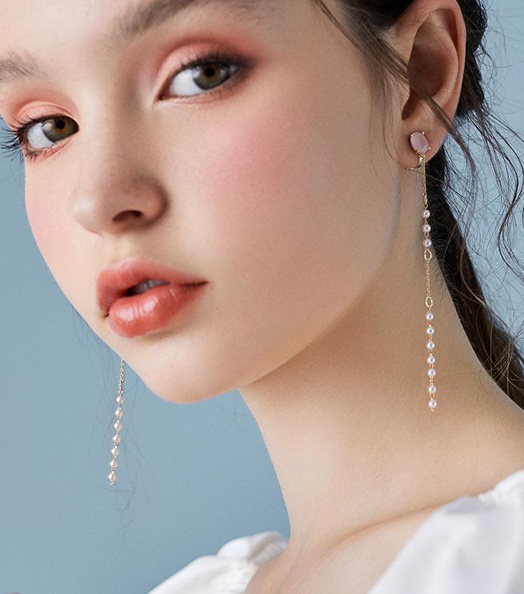 Gentle protein powder Long pink crystal pearl tassel earrings no ear hole female super fairy - dianjiang-