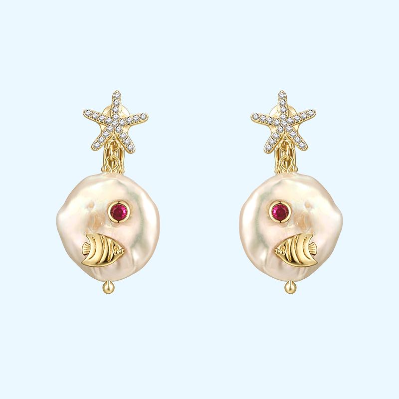 Baroque natural pearl zircon starfish cute little fish earring earring earring female painless everyday Joker - dianjiang-
