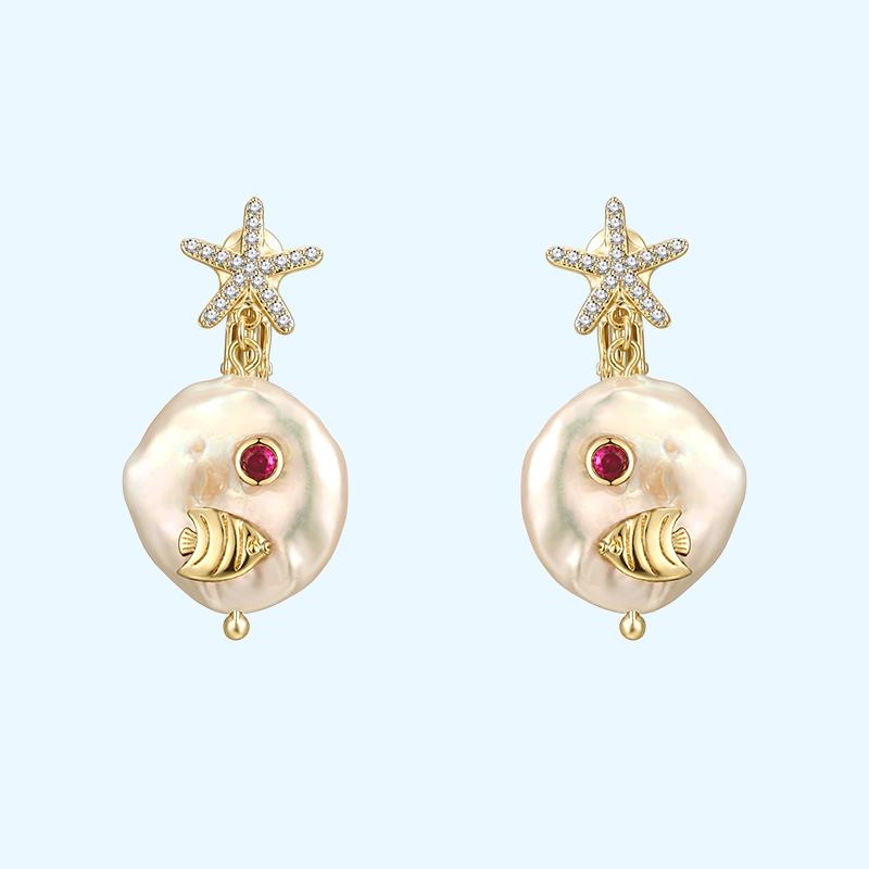 Baroque natural pearl zircon starfish cute little fish earring earring earring female painless everyday Joker - dianjiang-