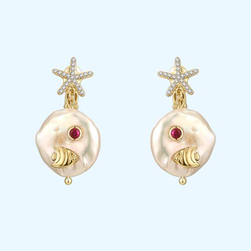 Baroque natural pearl zircon starfish cute little fish earring earring earring female painless everyday Joker - dianjiang-