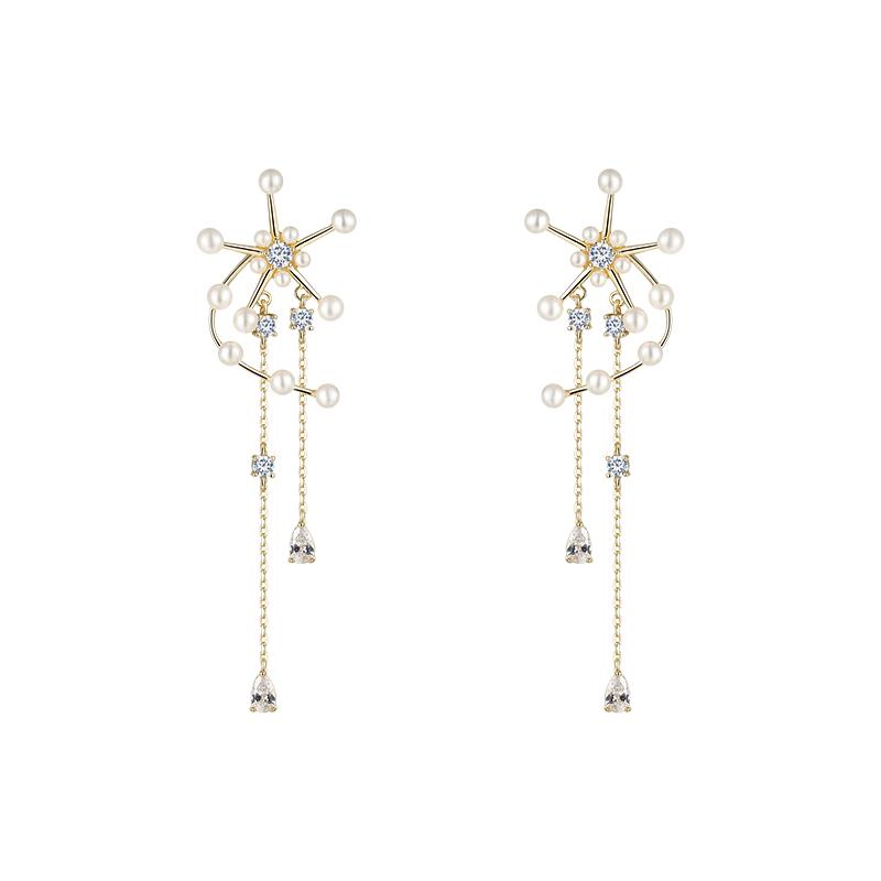 Original design Heavy Industries Windmill fringed pearl earrings ear clip earless women's high sense round face - dianjiang-