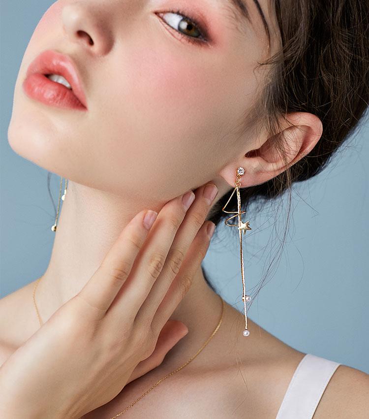 Round face slimming simple metal spiral curve stars double tassel earrings ear clip without ear hole female - dianjiang-