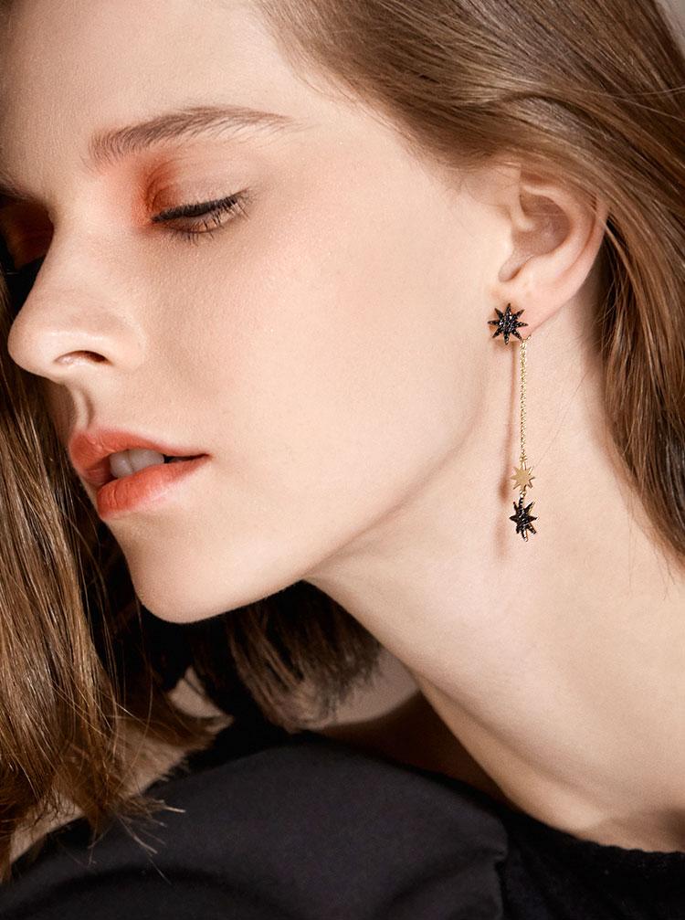 Cold department asymmetric design black star zircon tassel earring earring painless earring clip daily - dianjiang-