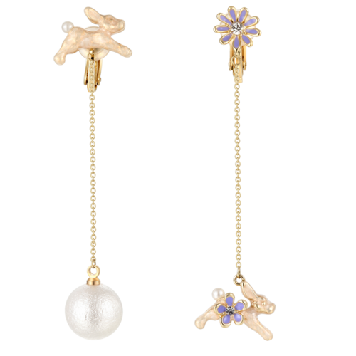 Koala pig asymmetric Japanese Cute Cotton pearl small rabbit earring earring clip earless female Earrings - dianjiang-